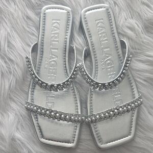 Karl Lagerfeld Silver Rhinestone & Pearl Slide Sandals